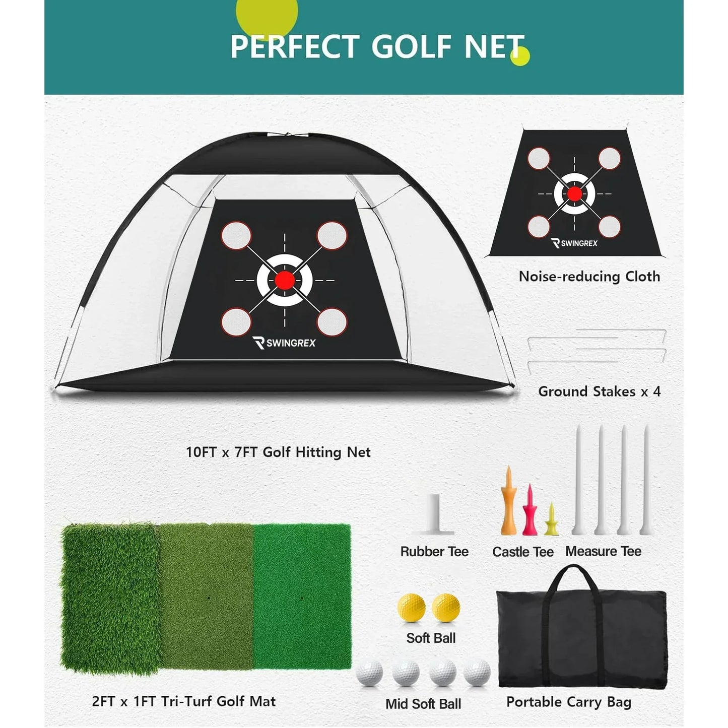 Golf hitting net set with target, tri-turf mat, tees, balls, stakes, and carry bag