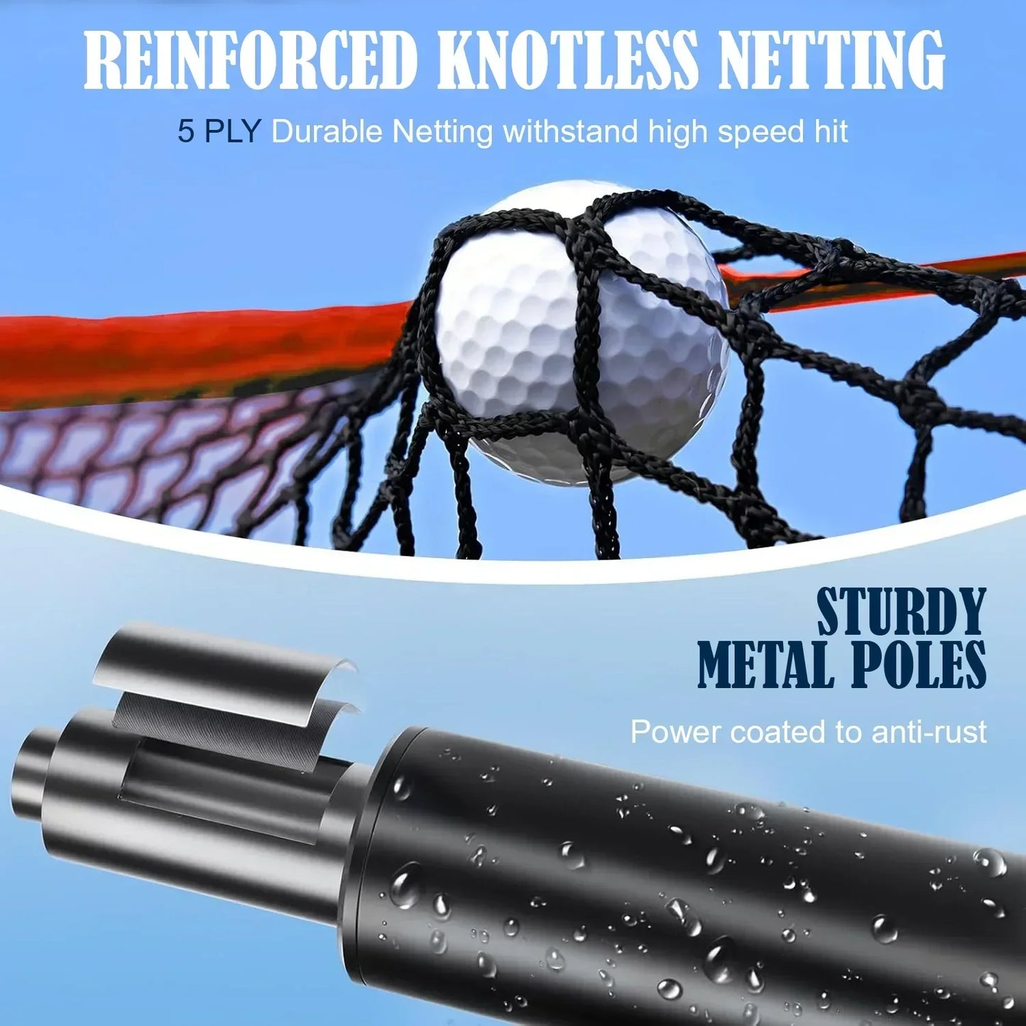 Close-up of golf ball in durable knotless golf net and anti-rust sturdy metal support pole