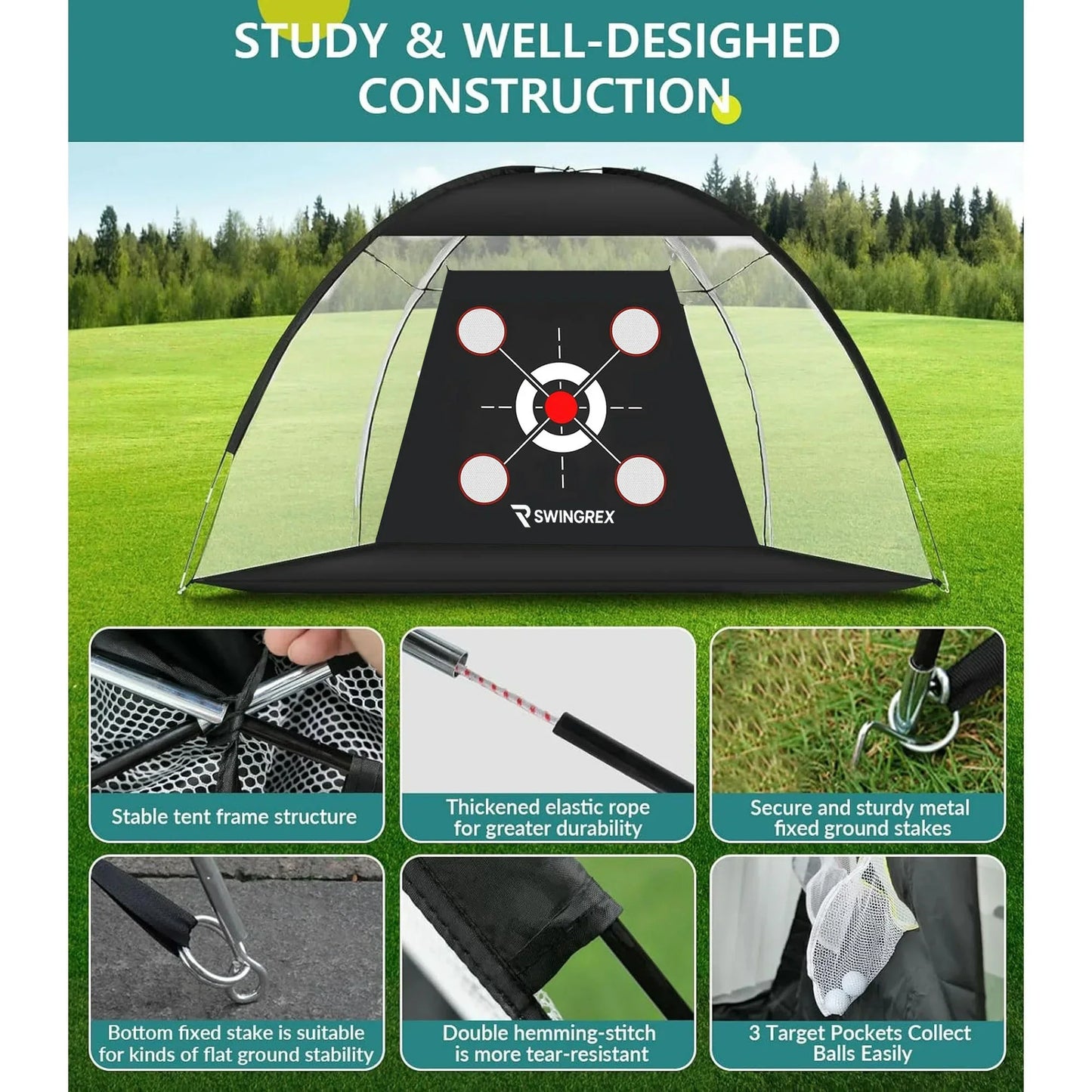 SwingRex 10x7 FT Golf Practice Net with Mat & Target | Backyard Driving & Chipping Trainer (4 Pockets)