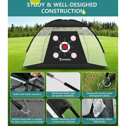 SwingRex 10x7 FT Golf Practice Net with Mat & Target | Backyard Driving & Chipping Trainer (4 Pockets)