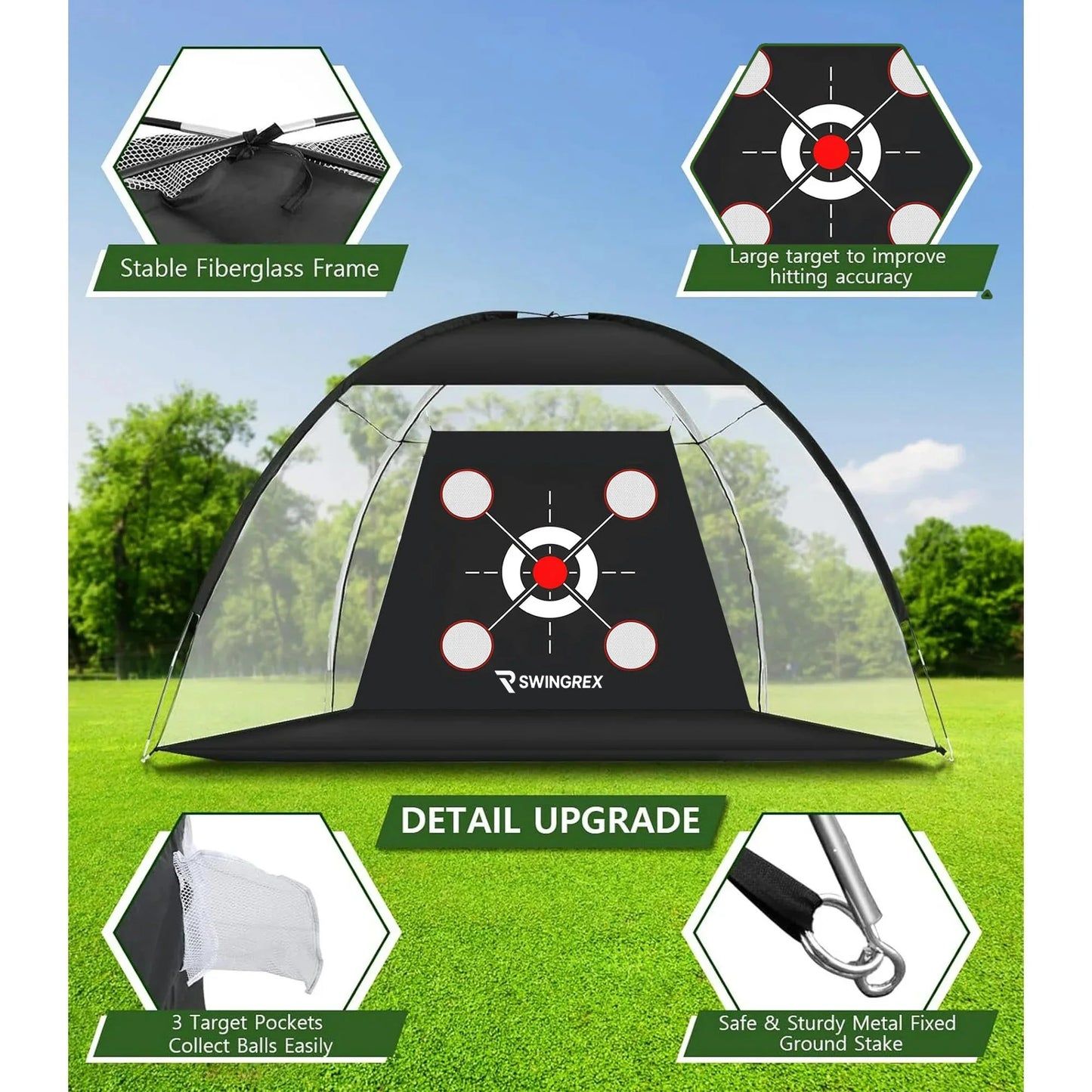 SwingRex 10x7 FT Golf Practice Net with Mat & Target | Backyard Driving & Chipping Trainer (4 Pockets)