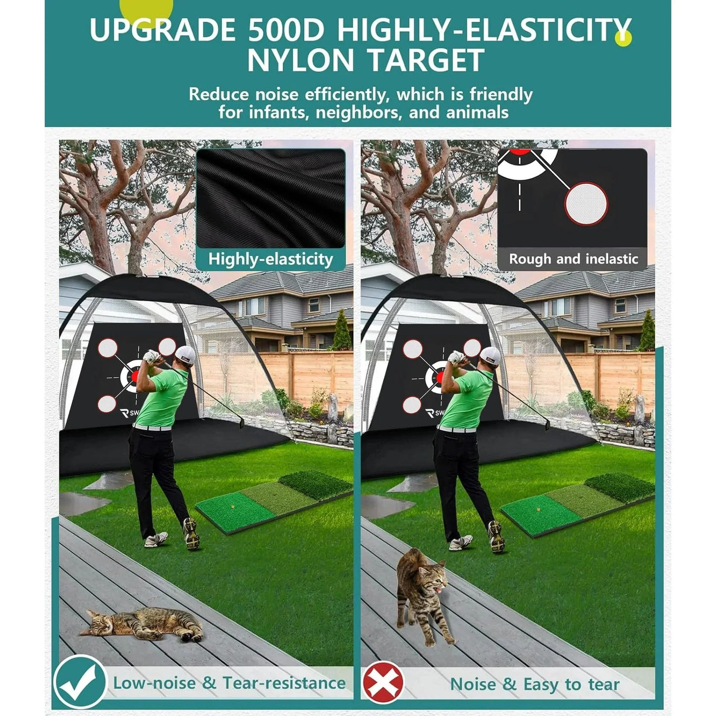 SwingRex 10x7 FT Golf Practice Net with Mat & Target | Backyard Driving & Chipping Trainer (4 Pockets)