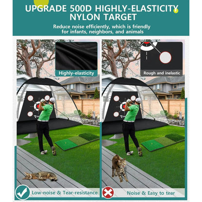 SwingRex 10x7 FT Golf Practice Net with Mat & Target | Backyard Driving & Chipping Trainer (4 Pockets)