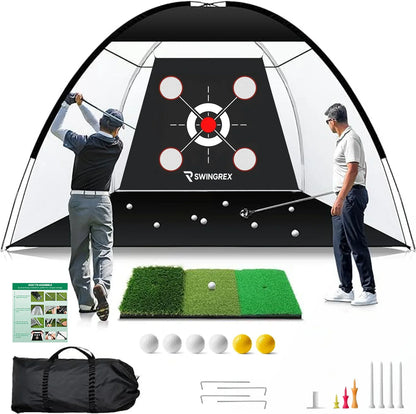 SwingRex 10x7 FT Golf Practice Net with Mat & Target | Backyard Driving & Chipping Trainer (4 Pockets)