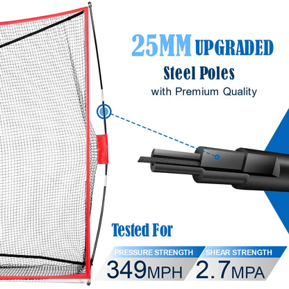 Golf practice net with 25MM upgraded steel poles and strength testing details on a white background.

