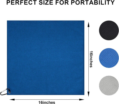 Pro 3 Pack Golf Towels (16"x16"), Durable Microfiber Golf Towels with Hook and Loop Fastener, Premium Essential Accessories for Golf Bag for Men(Gray, Blue, Black)