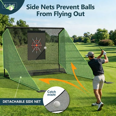 Golf Practice Net 10x7ft, Auto Ball Return Enclosure With Side Barriers, Portable ,Durable Hitting Net For Backyard OR  Indoor Use, With Carry Bag , Stakes