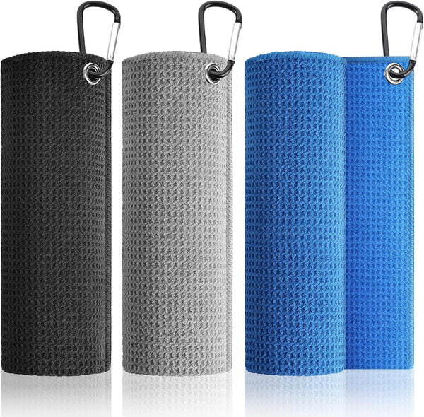 Pro 3 Pack Golf Towels (16"x16"), Durable Microfiber Golf Towels with Hook and Loop Fastener, Premium Essential Accessories for Golf Bag for Men(Gray, Blue, Black)